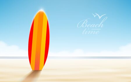Vector holidays design. Surfboards on a beach against a sunny seascapeのイラスト素材