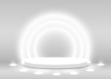 Stage Podium Scene for Award Ceremony illuminated with spotlight. Award ceremony concept. Stage backdrop. Vector illustrationのイラスト素材