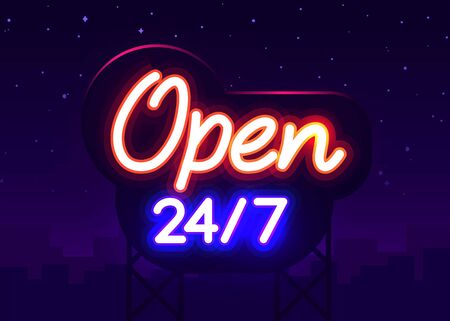 24 7 Neon Sinboard Vector. Open all day neon sign, design template, modern trend design, night...