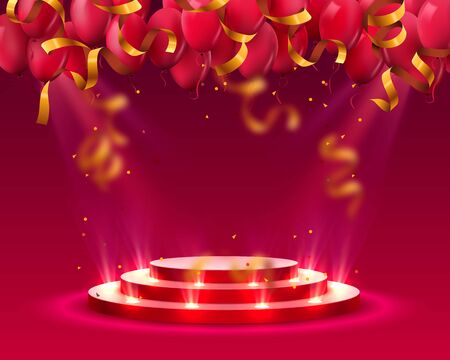 Stage podium with lighting and Balloons, Stage Podium Scene with for Award Ceremony on red Background, Vector illustrationのイラスト素材