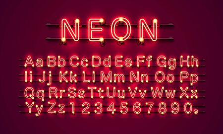 Neon city color red font. English alphabet and numbers sign. Vector illustrationのイラスト素材