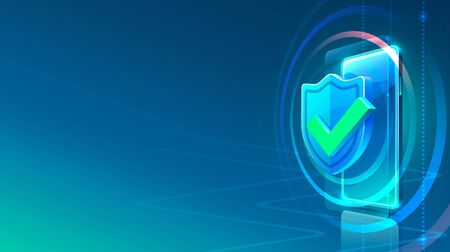 Screen phone neon icon padlock modern. blue background. Vector illustrationのイラスト素材