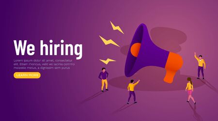Business Advertising Promotion. Loudspeaker Talking to the Crowd. Big Megaphone and People Characters Advertisement Marketing Concept. We hiring.のイラスト素材