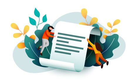 Small people flying around paper document. Agreement or contract. Terms and conditions.のイラスト素材