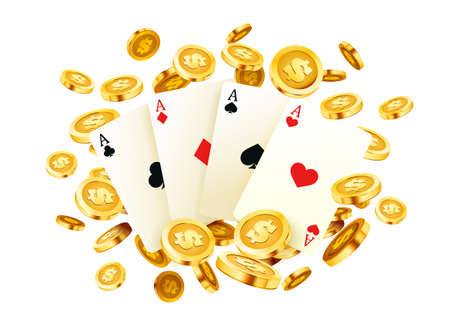 Poker banner, golden coins jackpot, Casino 3d cover, gaming aces of the card. Vector