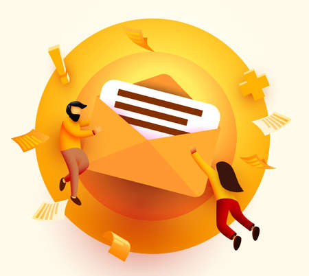 People flying around big mail letter. Email messaging concept. Landing page, banner or flyer template.のイラスト素材