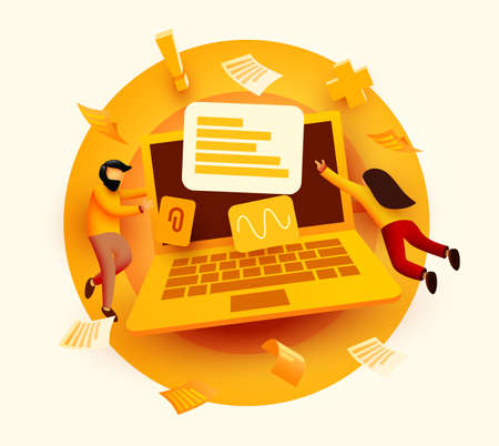 People flying around big laptop. Computer service or development concept. Web page, banner, presentation. Online survey with characters.のイラスト素材