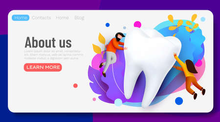 People flying around big tooth. Dental clinic. Teeth care. Web page, banner, presentation. Online survey with characters.のイラスト素材