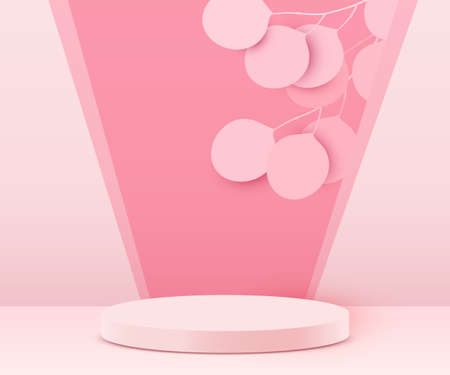 Abstract scene background. Cylinder podium on pink background with leaves. Product presentation, mock up, show cosmetic product, Podium, stage pedestal or platform.のイラスト素材