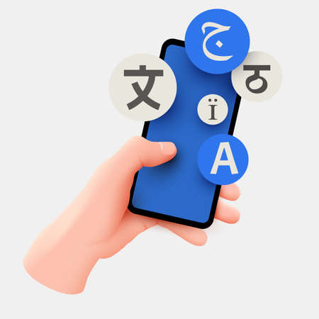 Hand holds mobile phone. Language app concept. Learning foreign languages using the smartphone. Illustration for web sites, banners.のイラスト素材