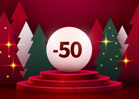 Mock up scene. Podium shape for show discount sale. stage pedestal or platform. Winter Christmas red background with tree xmas.のイラスト素材