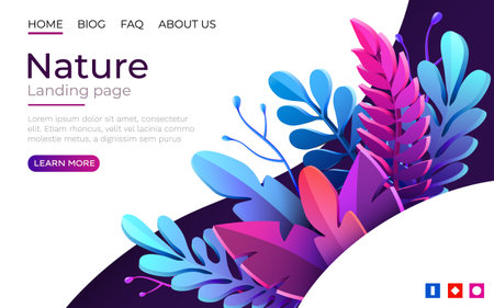 Landing page template with green trendy exotic palm leaves background. Tropical botanical design. Concept for website developmentのイラスト素材