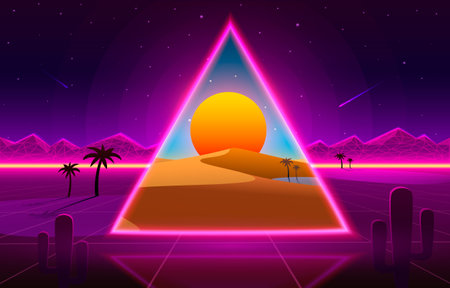 Retro wave Desert neon cover with oasis and palm trees. Nature background. Vectorのイラスト素材