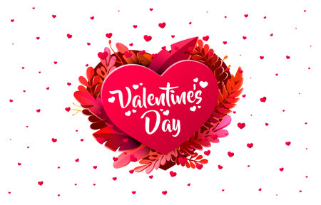 Red heart of Valentines Day. 3d red hearts and paper cut flowers. Vectorのイラスト素材