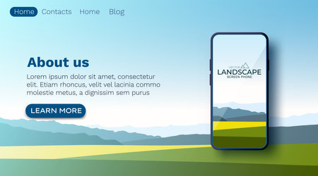 Summer fields landscape, green hills, bright color blue sky, country. Smartphone screen wallpaper mockup. Background in flat cartoon style, banner.のイラスト素材