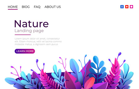 Landing page template with green trendy exotic palm leaves background. Tropical botanical design. Vector concept for website developmentのイラスト素材