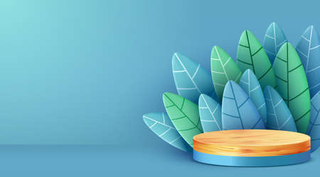 Abstract scene background. Wooden podium with leaves. Product presentation, mock up, show cosmetic product, Podium, stage pedestal or platform.のイラスト素材