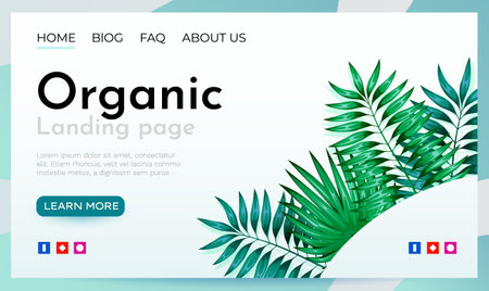 Landing page template with green trendy exotic palm leaves background. Tropical botanical design. Concept for website developmentのイラスト素材