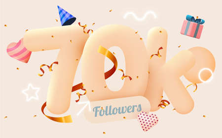 70k or 70000 followers thank you Pink heart, golden confetti and neon signs. Social Network friends, followers, Web user Thank you celebrate of subscribers or followers and likes.のイラスト素材