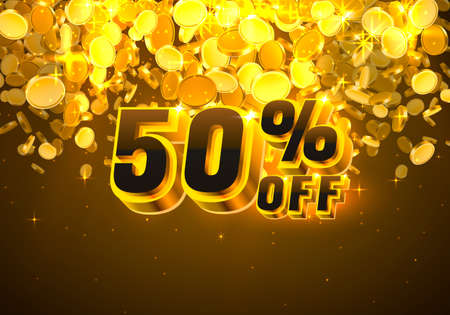 Sale 50 off banner, promotion discount flyer, Big win golden coins. Vectorのイラスト素材