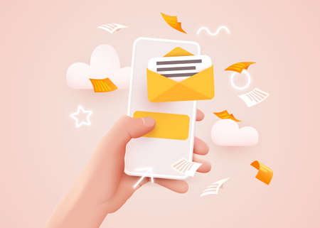 Hand holding mobile smart phone with mail app. Mail service concept.のイラスト素材