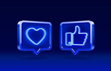 Hand and heart like neon icon, sign follower 3d banner, best post social media. Vectorのイラスト素材