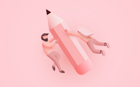 Little people fly around big pencil. Creativity concept. Landing page, banner or flyer template.のイラスト素材