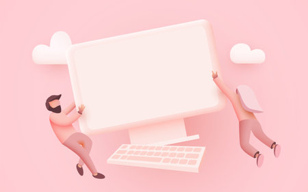 Little people fly around the computer. Workplace concept. Design for co working. Desktop computer.