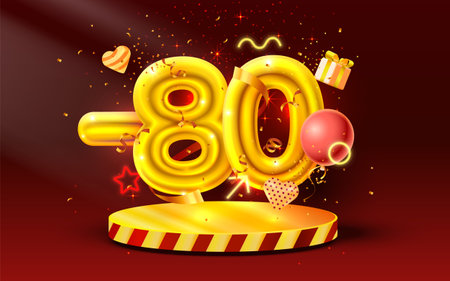 80 Off. Discount creative composition. 3d Golden sale symbol with decorative objects, heart shaped balloons, golden confetti, podium and gift box. Sale banner and poster. Vectorのイラスト素材