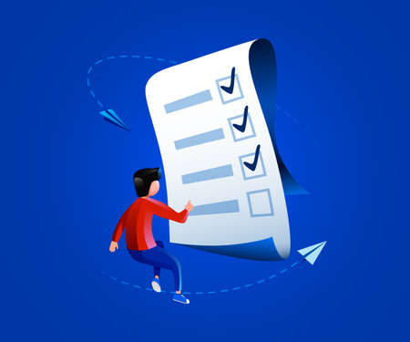 People fly around paper checklist. Manager or test review concept.のイラスト素材