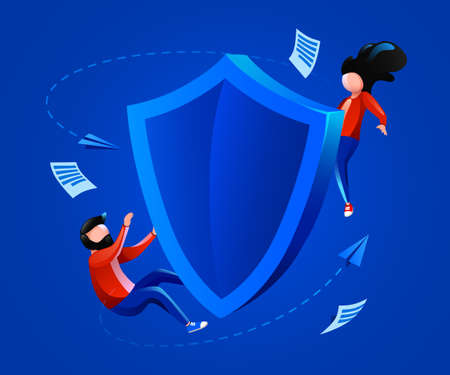 People fly around shield. Security, protection or confidentiality concept. Vector illustrationのイラスト素材