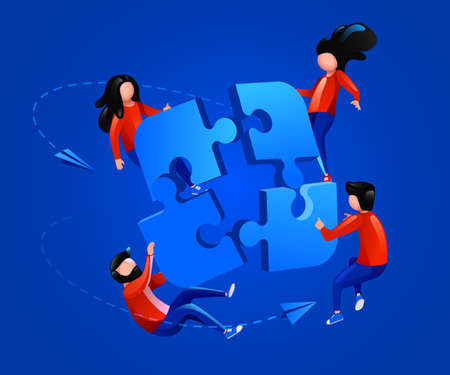 People fly around jigsaw puzzle. Cooperation, Teamwork and partnership concept.のイラスト素材