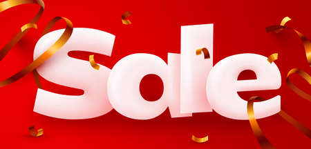 Great discount. Mega sale banner or poster design on bright red background. Sale word composition with confetti.のイラスト素材