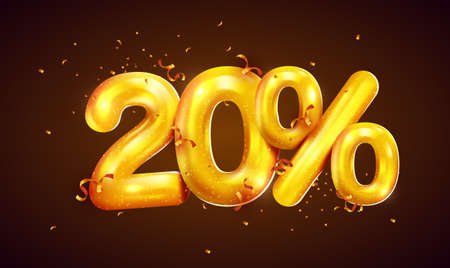 20 percent Off. Discount creative composition of golden balloons. 3d mega sale or twenty percent bonus symbol with confetti. Sale banner and poster.のイラスト素材