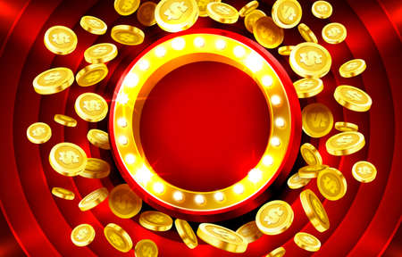 Casino lamp frame with gold realistic 3d coins background. Vectorのイラスト素材
