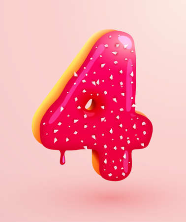 Glazed donut font. Number 4. Number four cake. Dessert style. Collection of tasty bakery numbers with cream. Anniversary and birthday concept.のイラスト素材