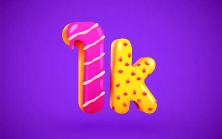 1k or 1000 followers donut dessert sign. Social media friends, followers. Thank you. Celebrate of subscribers or followers.のイラスト素材