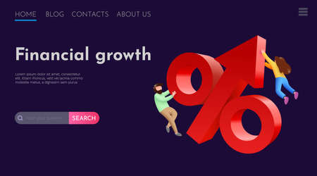 People fly around rising arrow. Investment, profit and financial success. Website landing page...
