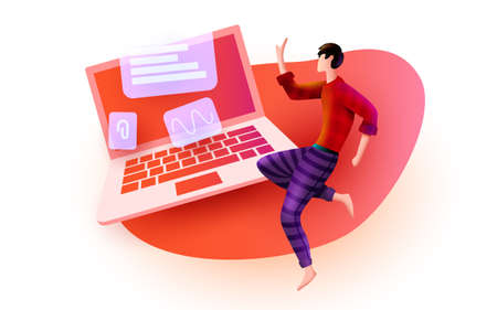 Man flies around big laptop. Computer service, remote work, programming and development concept.のイラスト素材