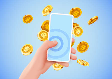 Hand holding smartphone with flying dollar coins. Online banking concept.
