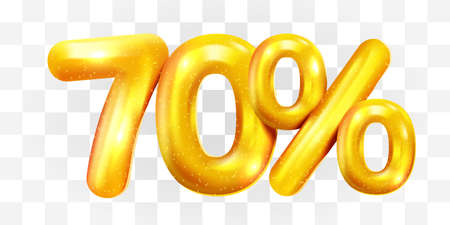 70 percent Off. Discount creative composition of golden balloons. 3d mega sale or seventy percent bonus symbol on transparent background. Sale banner and poster.のイラスト素材