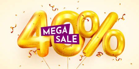 40 percent Off. Discount creative composition of golden balloons. 3d mega sale or forty percent bonus symbol with confetti. Sale banner and poster. Vector illustration.のイラスト素材