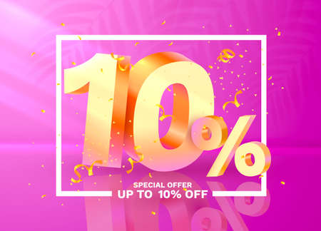 10 Off. Discount creative composition. 3d Golden sale symbol with decorative objects, golden confetti. Sale banner and poster. Vectorのイラスト素材