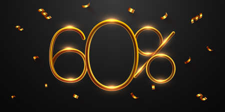 60 percent Off. Discount creative composition of golden balloons. 3d mega sale or sixty percent bonus symbol with confetti. Sale banner and poster.のイラスト素材