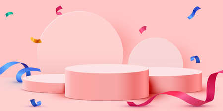 Abstract scene background. Cylinder podium background with confetti and ribbons. Product presentation, mock up, show cosmetic product, Podium, stage pedestal or platform.のイラスト素材