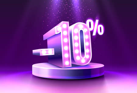 10 Off. Discount creative composition. 3d sale symbol, neon podium gift box. Sale banner and poster. Vectorのイラスト素材