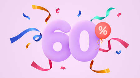60 percent Off. Discount creative composition. 3d sale symbol with decorative confetti. Sale banner...