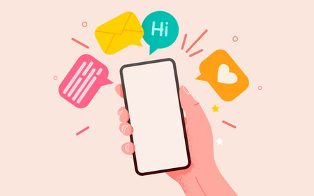 Hand holding phone with messages. Communication and social networking concept.のイラスト素材