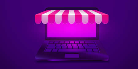 Online shopping. Open laptop with awning. Online store concept. Banner for marketing and promotion ecommerce.のイラスト素材