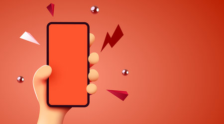Cute 3D cartoon hand holding mobile smart phone. Modern mockup.のイラスト素材